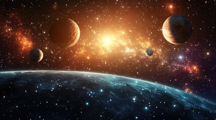 Poster - 2D illustration in 3D cartoon rendering featuring a realistic star pattern in deep interstellar space Stars planets and moons create various science fiction inspired backdrops Imaginary cosmic art