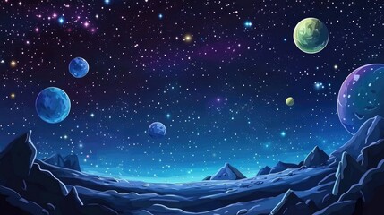 Aufkleber - 2D illustration featuring a cartoon space background with a deep vast expanse filled with stars planets and moons Various imaginative science fiction backdrops and space art depicting alien solar