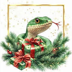 Wall Mural - Festive green snake surrounded by holiday gifts nature scene digital art whimsical viewpoint christmas theme