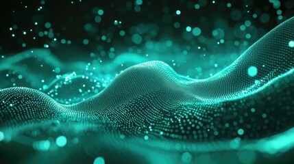 Leinwandbilder - Abstract sci fi background featuring glow particles that form curved lines surfaces and hologram structures in a virtual digital space Green motion design backdrop representing microworld or cosmi