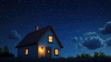 Poster - Roof of a house under the night blue sky depicted in 3D cartoon rendering