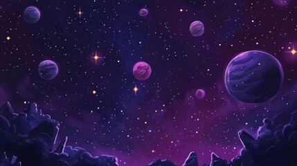 Aufkleber - 2D illustration featuring a 3D cartoon rendering Expansive deep space with bright stars planets and moons An array of creative science fiction backdrops Space art depicting alien solar systems and