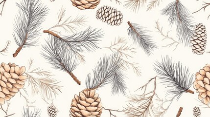  Seamless pattern featuring hand drawn pine branches and cones in a sketch style for a festive theme Raster illustration