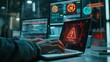 © Rachele - Digital Threats Unveiled: A Person Typing on a Laptop Amidst Holographic Warnings