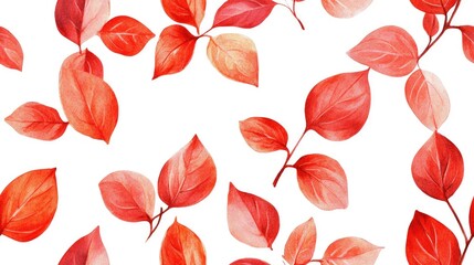 Wall Mural - Seamless watercolor pattern featuring red and orange herbal elements Hand drawn basil leaves create a natural repetitive background on a white backdrop depicting autumn s red foliage