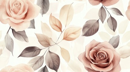 Wall Mural - Charming watercolor pattern featuring pastel hued rose leaves and flowers hand painted in a seamless design