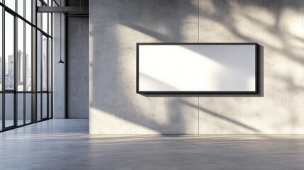 Poster - Modern Minimalist Indoor Space with Large Blank Frame on Concrete Wall, Bright Natural Light Streaming Through Floor-to-Ceiling Windows