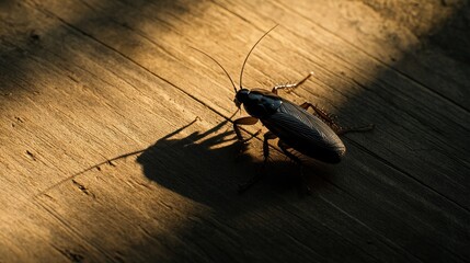 A cockroach on a wooden surface, illuminated by sunlight, casting a long shadow.