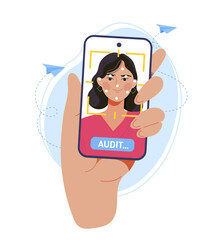 Poster - face recognition system. woman logs into her phone account using biometric data. protection of perso
