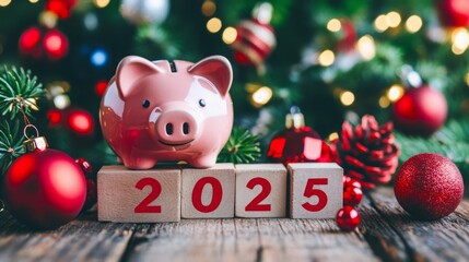 Poster - A piggy bank sits on a rustic wooden table, displaying the year 2025. It is surrounded by Christmas ornaments and a beautifully decorated tree, creating a festive holiday atmosphere.