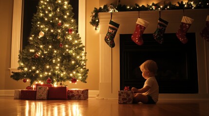 Poster - A young child sits on the floor by a fireplace, looking at a present. The fireplace is decorated with stockings and a garland of Christmas lights.