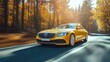 © PrettyStock - Sleek yellow car driving through a serene autumn forest, showcasing speed and elegance amidst vibrant fall colors.