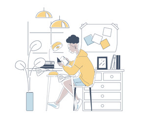 Poster - Woman with home office. Young girl in apartment sits with book at table. Remote employee and freelancer in comfortable workplace. Linear vector illustration isolated on white background