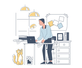 Poster - Man with home office. Businessman sits with laptop. Remote employee and freelancer in comfortable workplace. Guy with online earnings. Linear vector illustration isolated on white background