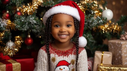 Aufkleber - A joyful girl wearing a Santa hat and a cozy sweater with a snowman smiles brightly while sitting beside a beautifully decorated Christmas tree, surrounded by colorful wrapped presents.