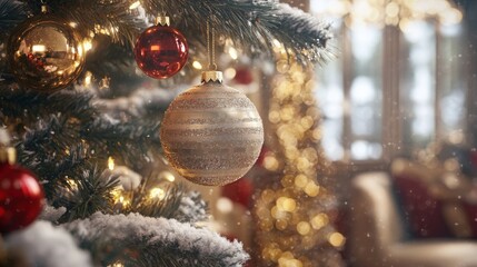 Poster - A gold and silver Christmas ornament hangs on a Christmas tree. The tree is decorated with lights and other ornaments, including a red one.