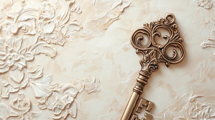 Poster - An ornate vintage key resting on a textured, floral-patterned background.