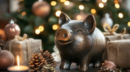 Poster - A bronze pig figurine sits on a table, with Christmas lights and ornaments in the background. There are pine cones and a lit candle near the pig. A wrapped gift is visible behind the pig.