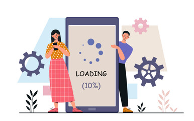 Poster - People with loading at smartphone. Man and woman downloading files to mobile phone. Updating operating system of gadget or device. Flat vector illustration isolated on white background