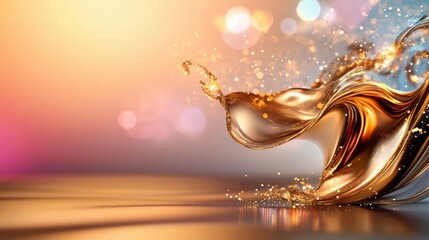 Aufkleber - Abstract golden liquid swirl with bokeh lights and reflections for dynamic visual design.