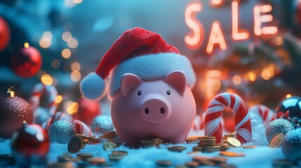 Poster - A pink piggy bank with a red and white Santa hat sits on a pile of gold coins with Christmas decorations including red ornaments, candy canes, and a silver bauble.