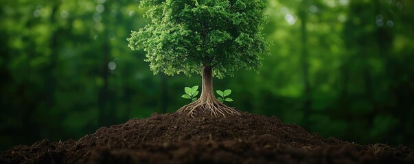 lush tree with roots, surrounded by greenery, showcasing nature's beauty.