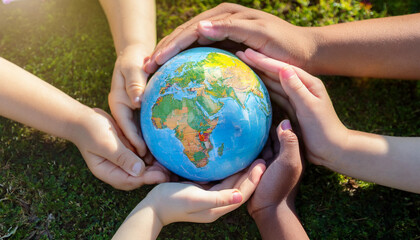 Wall Mural - Group of children holding planet earth over defocused nature background with copy space

