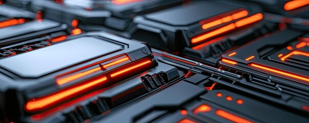 Poster - Futuristic technology background with glowing orange accents on dark surfaces.