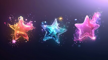 Poster - Colorful glowing star shapes on dark background, vibrant and magical design.