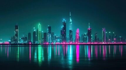 Wall Mural - A vibrant cityscape at night, with towering skyscrapers illuminated in neon green and pink lights. The city's reflection shimmers on the water, creating a dazzling scene.