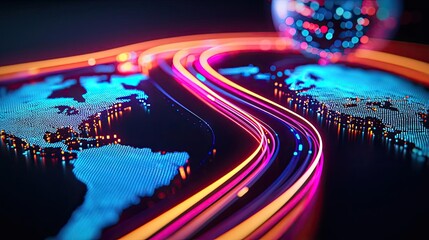 Poster - Vibrant futuristic world map with glowing neon lines, on a dark background.