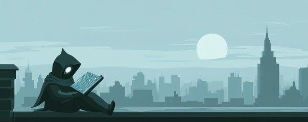 Wall Mural - A hooded figure reads on a rooftop, overlooking a city skyline at dusk.