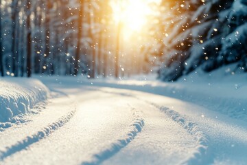 Wall Mural - A snow covered road with a sun shining through the trees