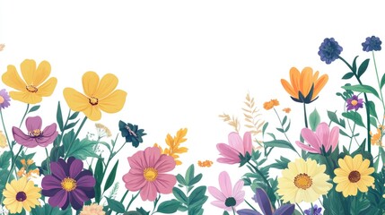 Wall Mural - colorful flower field with a white background. the flowers are of various colors and sizes, and they