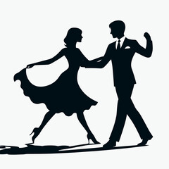 Wall Mural - A black silhouette of a dancing couple, set against a plain white background. An elegant and romantic moment, perfect for themes of celebration love and dance.