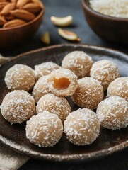 Wall Mural - Plate of small, round, white cookies with coconut flakes on top. One of the cookies is missing