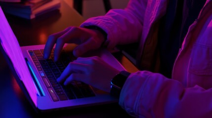 Poster - business, computer, laptop, hand, keyboard, Man typing on laptop, glowing electronic document files and digital signature