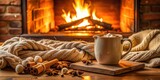 Cozy autumn house with warm fireplace, knit blanket and hot cocoa, autumn, cozy, house, fireplace, knit blanket, hot cocoa, home