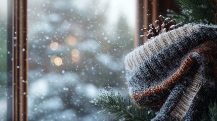 Aufkleber - A knitted scarf drapes over a pine branch, accented by a pinecone, while snow falls gently outside the window. Soft light glows from behind, adding warmth to the wintry atmosphere.