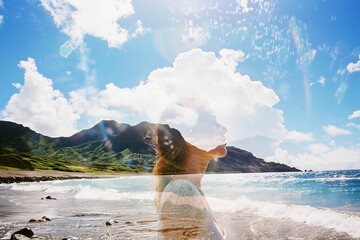 Dreamlike Double Exposure of Woman's Silhouette and Scenic Ocean View with Bright Sunlight Reflection, serenity concept