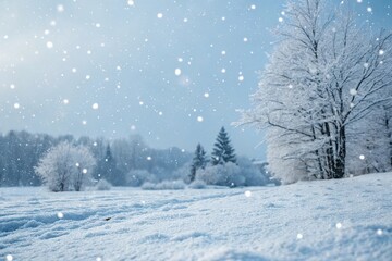 Wall Mural - Softly glowing snowflakes fall gently in the winter sky, snowy landscape, frosty morning, icy breeze