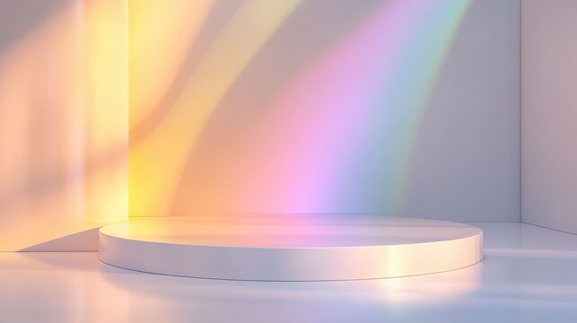 Minimalist White Podium with Rainbow Light and Shadow for Product Display.