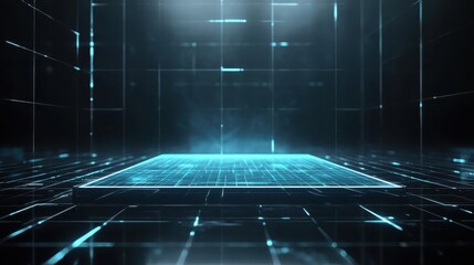 Poster - Abstract Futuristic Digital Background with Glowing Blue Lines and Platform