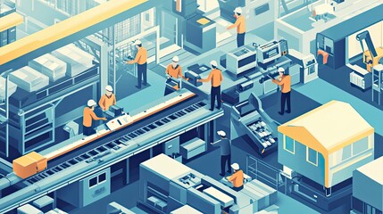 Poster - Workers in a Modern Factory with Conveyor Belts and Machinery