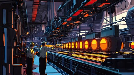 Poster - Two Workers Observing Molten Metal in an Industrial Factory
