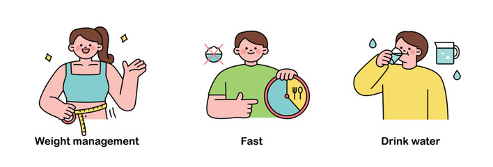 Poster - people who manage their weight, eat slowly, drink plenty of water, and take care of their health.