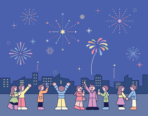 Poster - People come out at night to watch fireworks and greet the New Year.