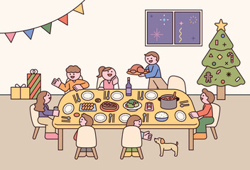 Poster - the family is gathered together for a christmas dinner. there is a lot of food on a large table.