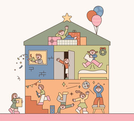 Poster - People are having a Christmas house party. The concept is to see inside each floor of the house.