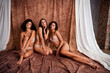 © deagreez - Studio photo of three young graceful girls sitting lovely nice fit wearing lingerie isolated on brown color background